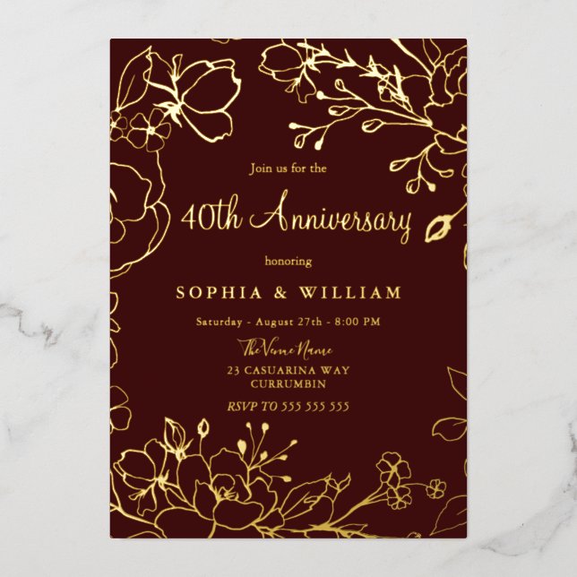 Invitation En Aluminium Rouge Bourgogne Or Floral 40e Anniversaire de Mari (Recto)