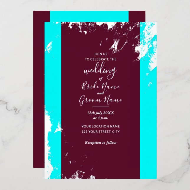 Invitation En Aluminium Rouge Bourgogne Turquoise Bleu Grain Argent Élégan (Recto/Verso)