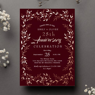 Invitation En Aluminium Rouge Élégant Feuille d'Or Anniversaire