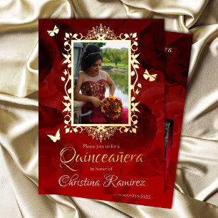 Invitation En Aluminium Rouge élégant, Papillons d'or Quinceanera