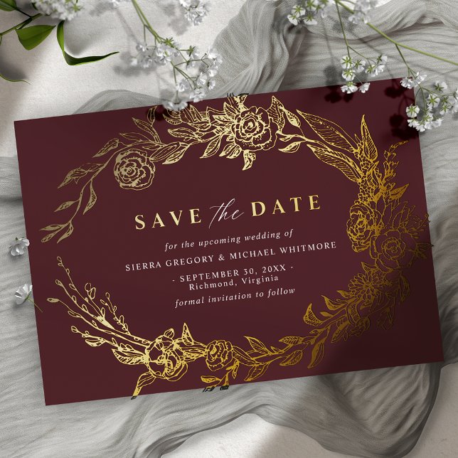 Invitation En Aluminium Rouge et or de Bourgogne | Luxe Floral Enregistrer (Créateur téléchargé)