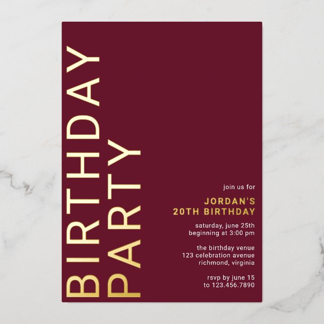 Invitation En Aluminium Rouge et or de Bourgogne | Maroon moderne Sleek An (Recto)