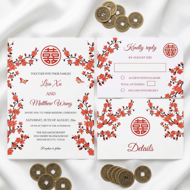Invitation En Aluminium Rouge Fleur | Mariage Chinois (Créateur téléchargé)