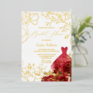 Invitation En Aluminium Rouge Floral & Fête des mariées robe Feuilles or