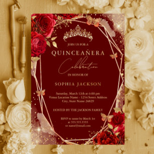 Invitation En Aluminium Rouge Floral Rose Or Tiara Quinceanera Foil Invita