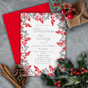Invitation En Aluminium Rouge   Grey Holly Berries Fête de Noël Florale