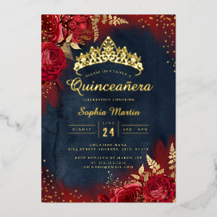 Invitation En Aluminium Rouge Navy Floral Quinceanera 