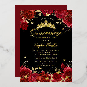 Invitation En Aluminium Rouge Noir Enchantant papillon floral Quinceanera