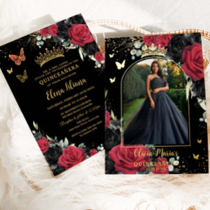 Invitation En Aluminium Rouge noir Rose Floral Quinceañera Sweet 16 Photo