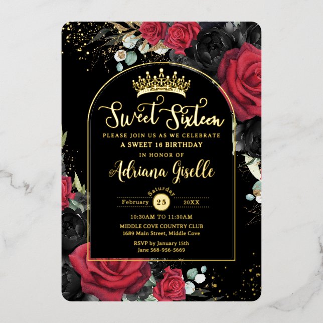 Invitation En Aluminium Rouge Noir Rose Floral Sweet 16 16e Anniversaire A (Recto)