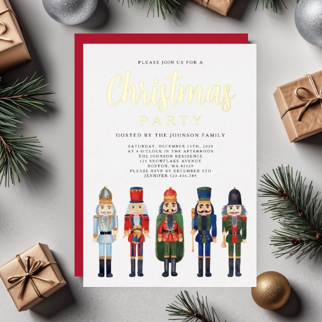 Invitation En Aluminium Rouge Nutcracker Noël Gold (Festive Nutcracker Christmas Party Gold Foil Invitation)