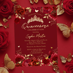 Invitation En Aluminium Rouge or Enchantant papillon floral Quinceanera