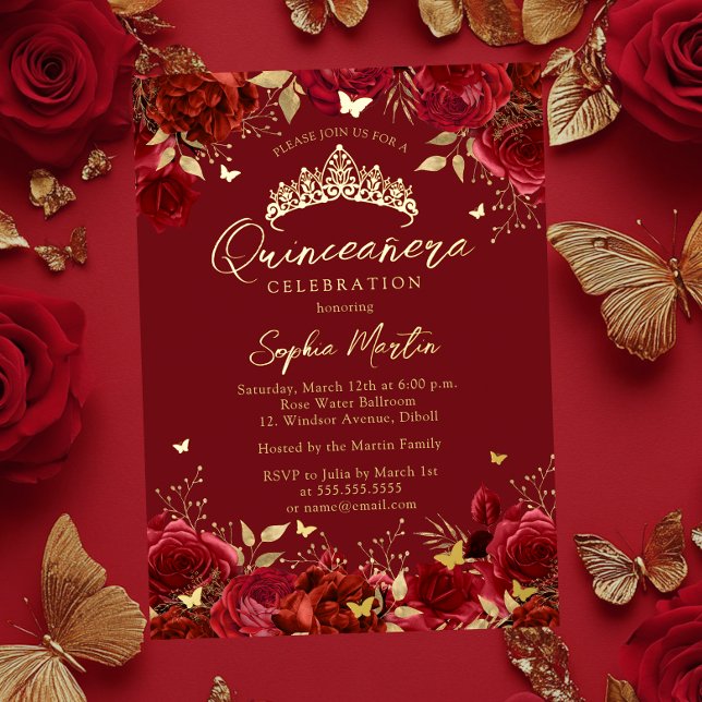 Invitation En Aluminium Rouge or Enchantant papillon floral Quinceanera (Créateur téléchargé)