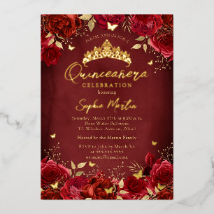 Invitation En Aluminium Rouge Or Enchantant papillon floral Quinceanera