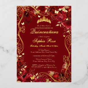 Invitation En Aluminium Rouge or Papillon Vintage Floral Quinceanera