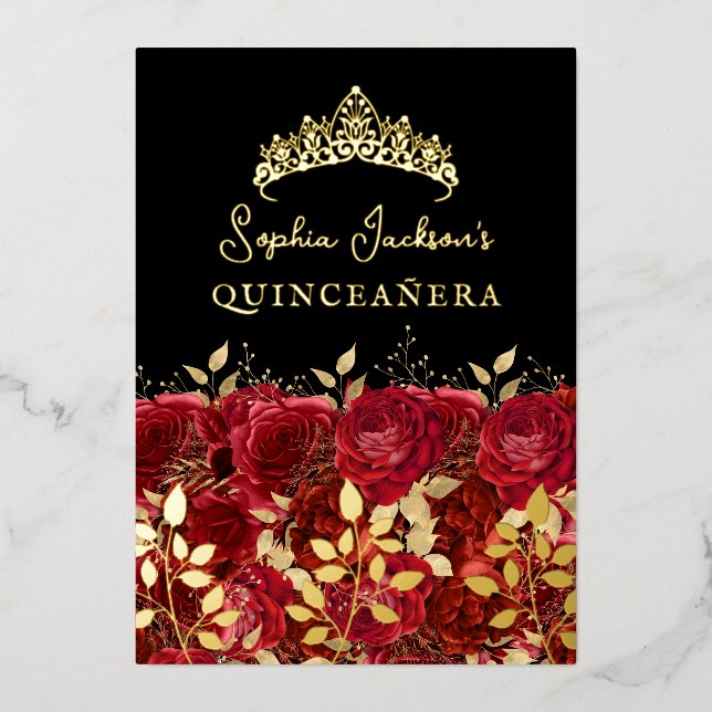 Invitation En Aluminium Rouge or Rose Floral feuille Quinceanera (Recto)