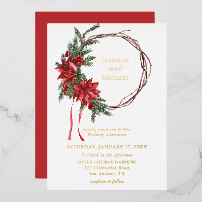 Invitation En Aluminium Rouge Poinsettia Pine vert Mariage de couronne (Recto/Verso)