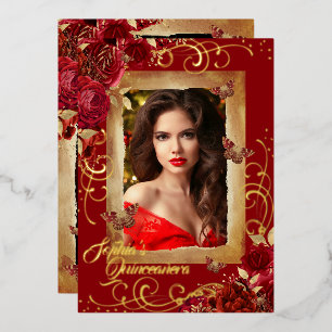 Invitation En Aluminium Rouge Quinceanera Photo Rose Papillon Or
