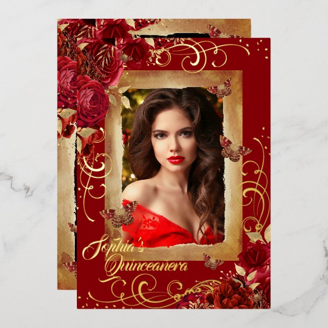 Invitation En Aluminium Rouge Quinceanera Photo Rose Papillon Or (Recto/Verso)