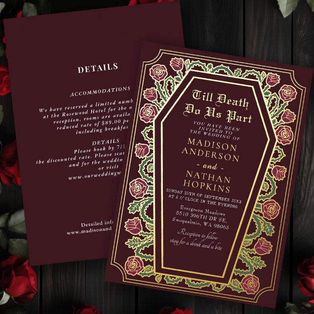 Invitation En Aluminium Rouge Rose Coffin Mariage gothique Tout en un (Créateur téléchargé)