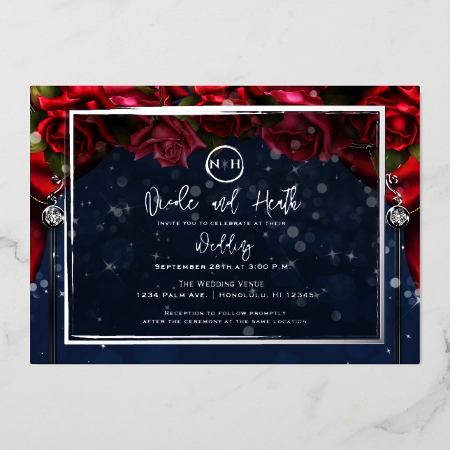 Invitation En Aluminium Rouge Rose Marine Blue Sparkle Mariage Silver (Recto)