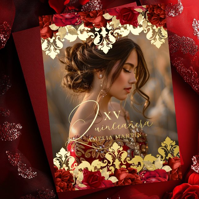 Invitation En Aluminium Rouge Rose or Damask Floral Photo Quinceanera (Créateur téléchargé)