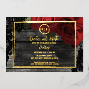 Invitation En Aluminium Rouge Roses Bois & dentelle Elégant Rustique Maria