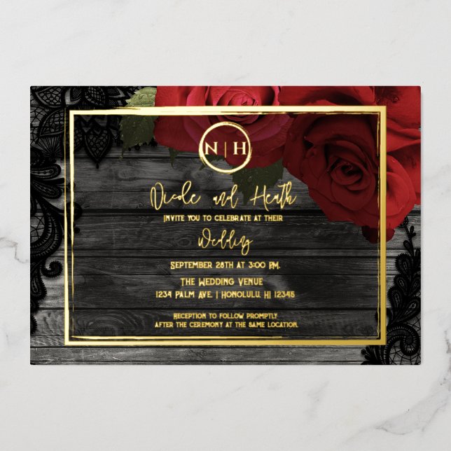 Invitation En Aluminium Rouge Roses Bois & dentelle Elégant Rustique Maria (Recto)