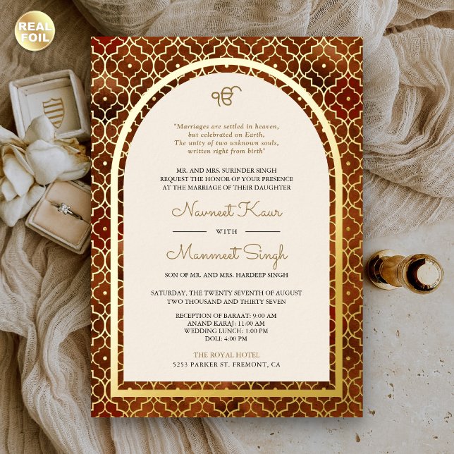Invitation En Aluminium Rouge rust Motif marocain Sikh Arche Mariage Or (Créateur téléchargé)