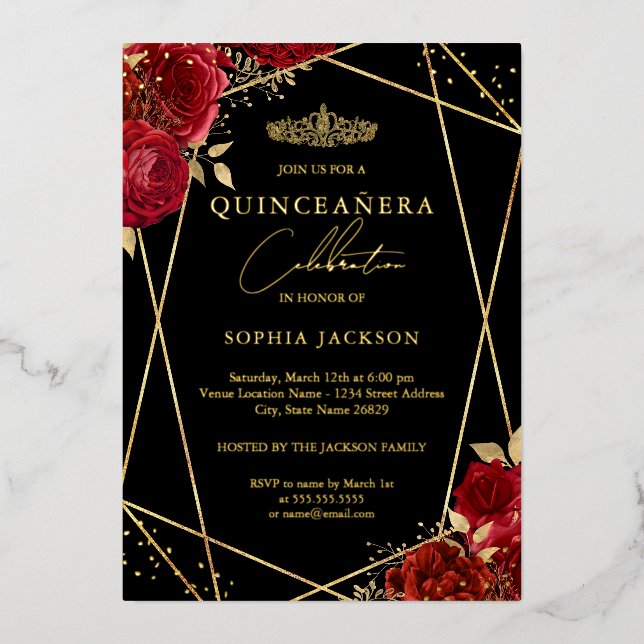 Invitation En Aluminium Rouge Tiara Floral Or Quinceanera Moderne (Recto)