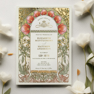 Invitation En Aluminium Rouge Tulips Vintage Mariage Art Nouveau