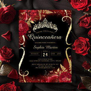 Invitation En Aluminium Rouges Gold Black Floral Scroll Quinceanera
