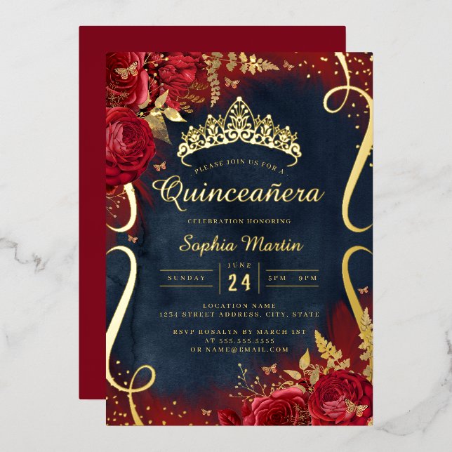 Invitation En Aluminium Rouges Gold Navy Flore Quinceanera (Recto/Verso)