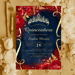 Invitation En Aluminium Rouges or Flore Défilé Marine Quinceanera