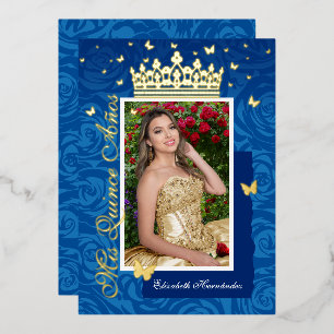 Invitation En Aluminium Royal Blue Elegant Photo Quinceañera Gold