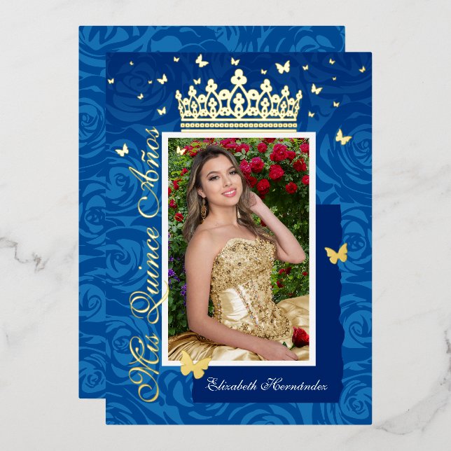 Invitation En Aluminium Royal Blue Elegant Photo Quinceañera Gold (Recto/Verso)