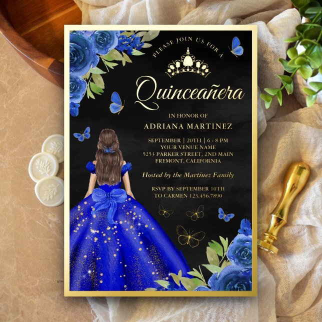 Invitation En Aluminium Royal Blue Floral Butterfly Black Quinceanera Gold (Créateur téléchargé)