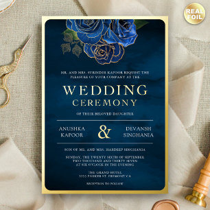 Invitation En Aluminium Royal Blue Floral Photo Mariage indien Gold