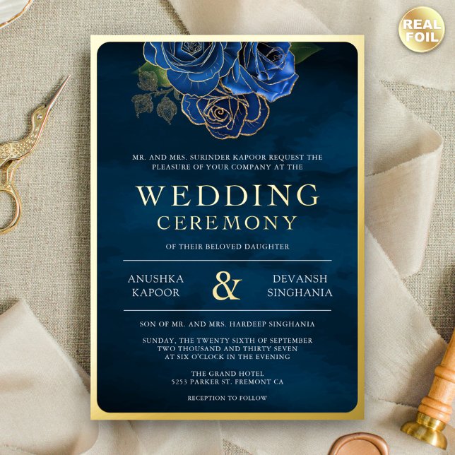 Invitation En Aluminium Royal Blue Floral Photo Mariage indien Gold (Créateur téléchargé)