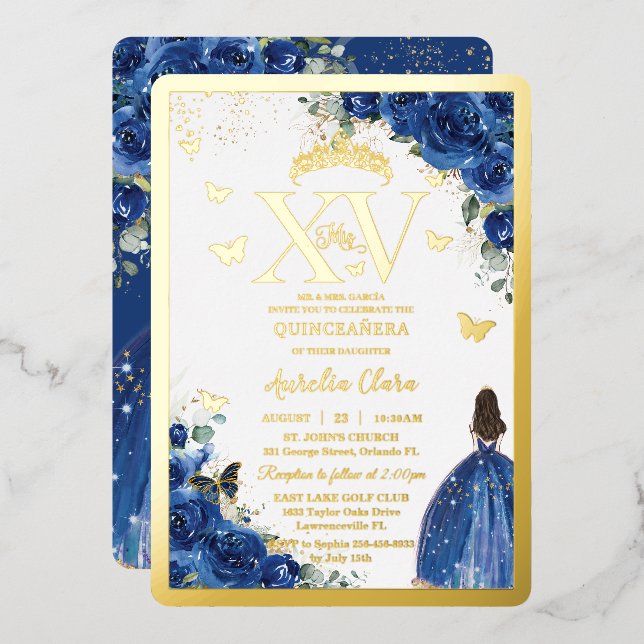 Invitation En Aluminium Royal Blue Floral Quinceañera Quince 15 XV Or (Recto/Verso)