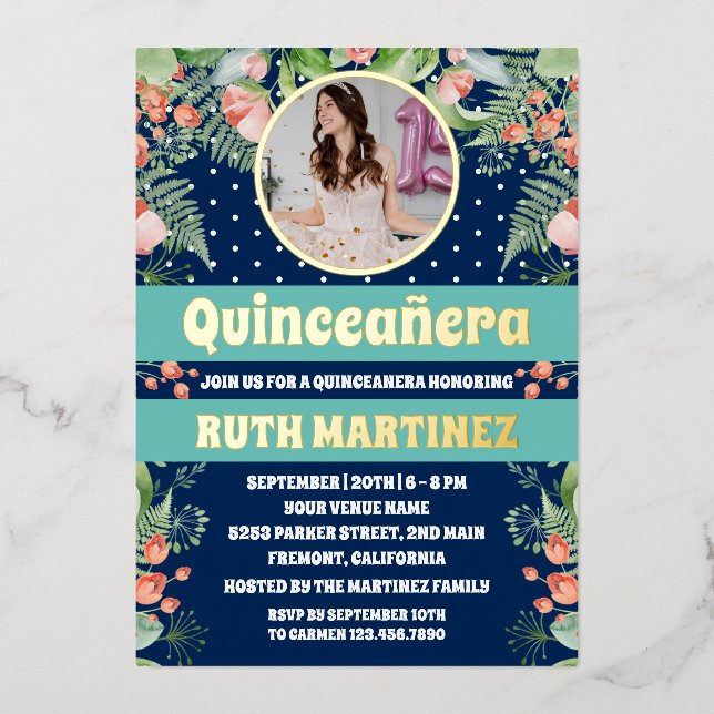Invitation En Aluminium Royal Blue Gold Floral Quinceanera Party Photo (Recto)
