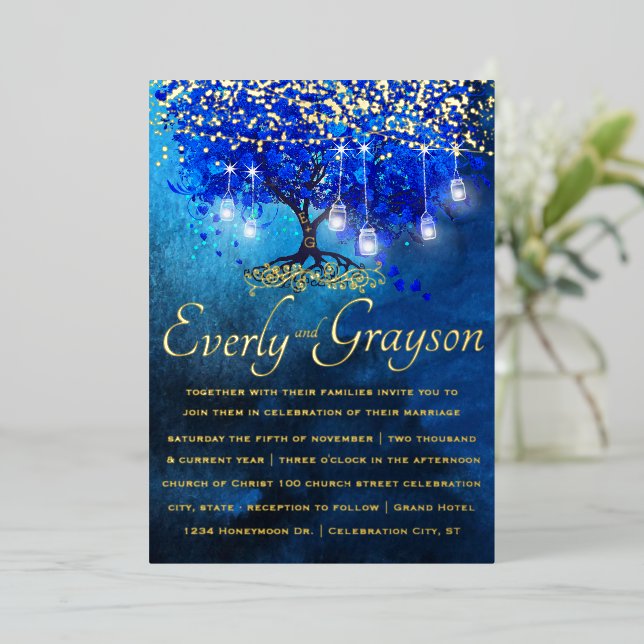 Invitation En Aluminium Royal Blue Heart Leaf Tree Gold Mariage (Debout devant)