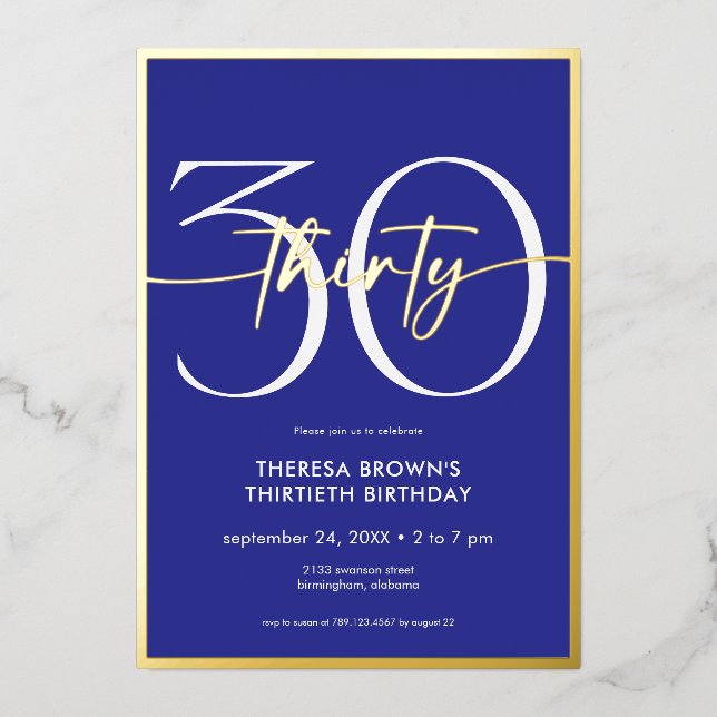 Invitation En Aluminium Royal Blue moderne 30 Script Anniversaire (Recto)