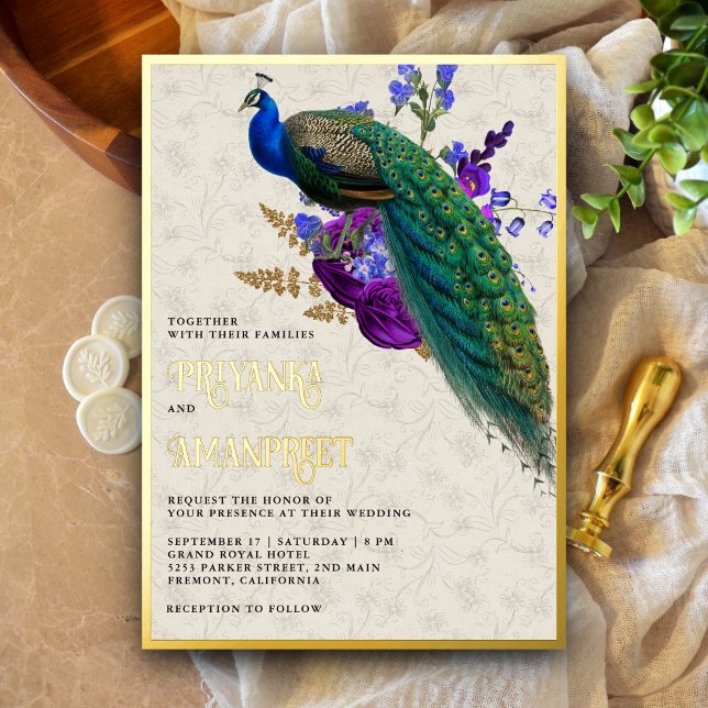 Invitation En Aluminium Royal Blue Purple Floral Indien Mariage Peacock (Créateur téléchargé)
