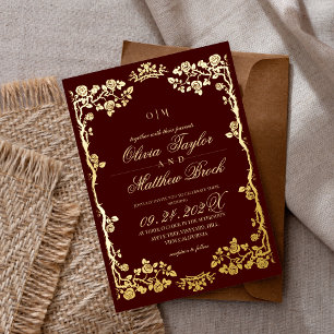 Invitation En Aluminium Royal Burgundy Gold Flowers Rose Le Mariage de