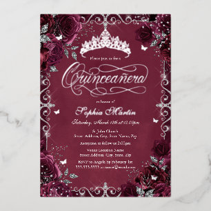 Invitation En Aluminium Royal Burgundy Rose papillon en argent Quinceanera