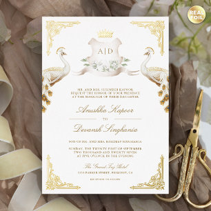 Invitation En Aluminium Royal Crest Indian White Peacock Mariage Gold