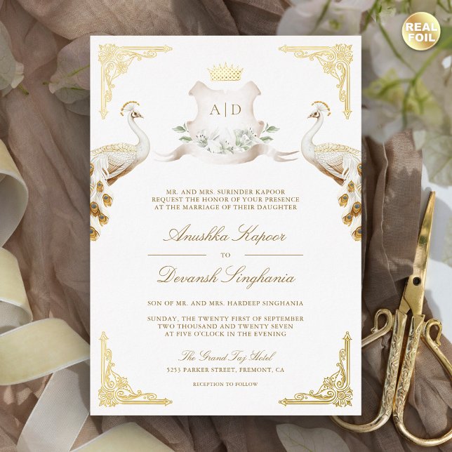 Invitation En Aluminium Royal Crest Indian White Peacock Mariage Gold (Créateur téléchargé)