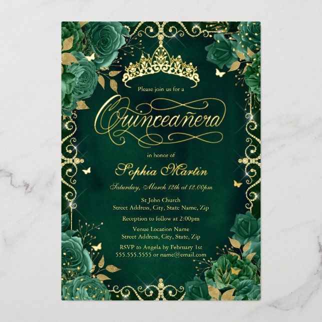 Invitation En Aluminium Royal Emerald Gold Butterfly Rose Quinceanera (Recto)