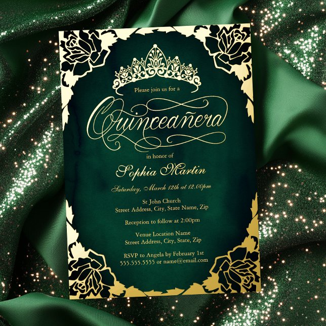 Invitation En Aluminium Royal Emerald Gold Élégant Script Quinceanera (Créateur téléchargé)